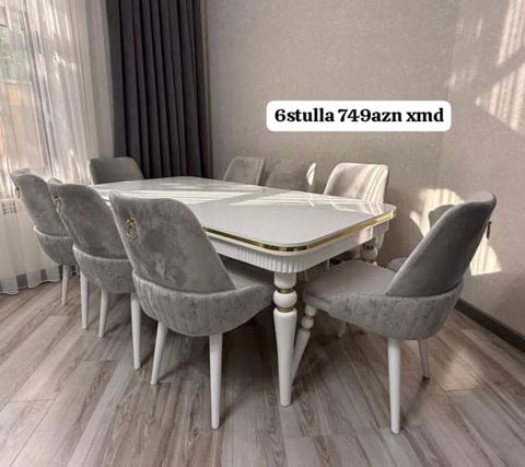 Ağ yemək masası və 6 stul dəsti. - Masanın forması düzbucaqlı, üstü