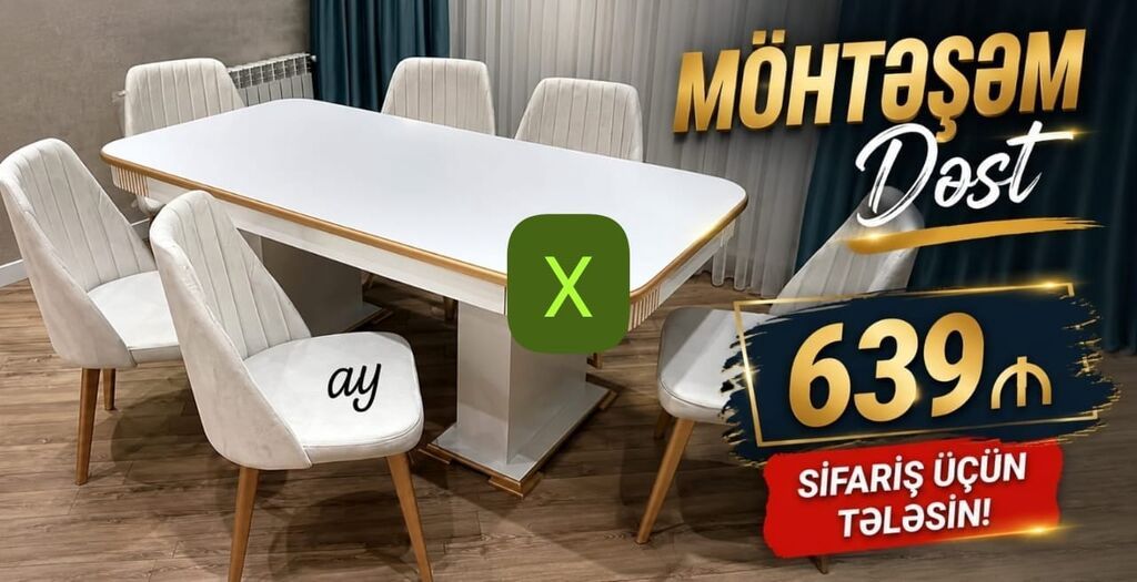 Möhtəşəm yemək otağı dəsti - Dəst: 1 ədəd düzbucaqlı masa + 6 ədəd — Mebel, Bakı