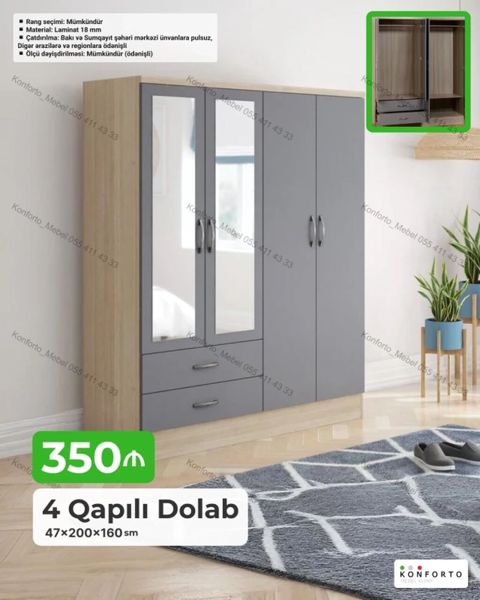 4 qapılı geyim dolabı Ölçülər: 47×200×160 sm Material: 18 mm — Konforto Mebel — Şkaflar
