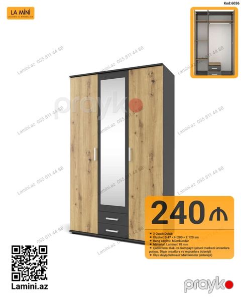 3 qapılı dolab – Kod: 6036 - Ölçülər: D 47 H 200 E 120 sm — Bakı