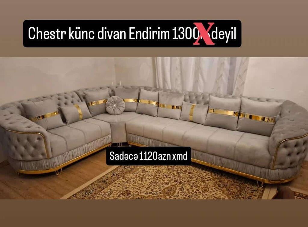 Chester (chestr) künc divan - Rəng: açıq boz - Dizayn: kapitone — Mebel, Bakı
