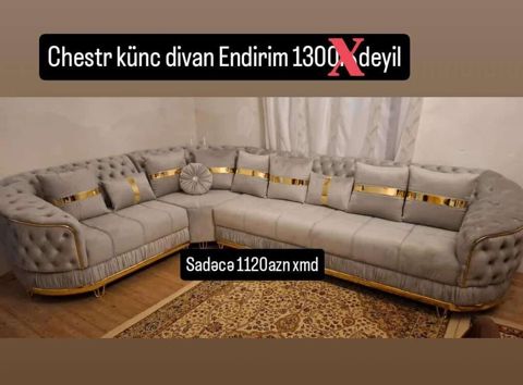 Chester (chestr) künc divan - Rəng: açıq boz - Dizayn: kapitone