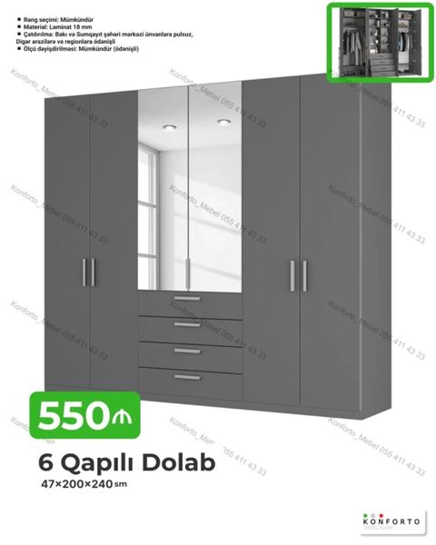 6 qapılı geyim dolabı - Ölçü: 47 × 200 × 240 sm - Material: 18 mm