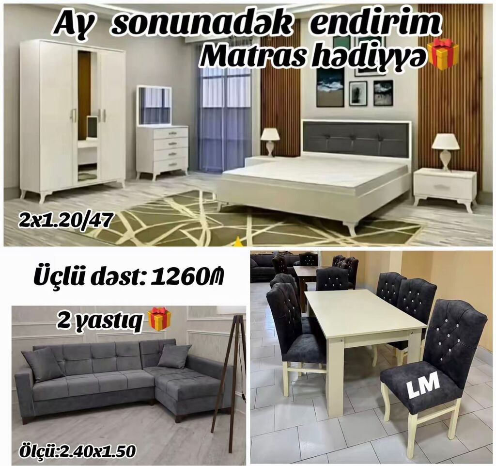 Üçlü dəst – 1260₼ Dəst tərkibi: - Yataq otağı mebeli: çarpayı (matras