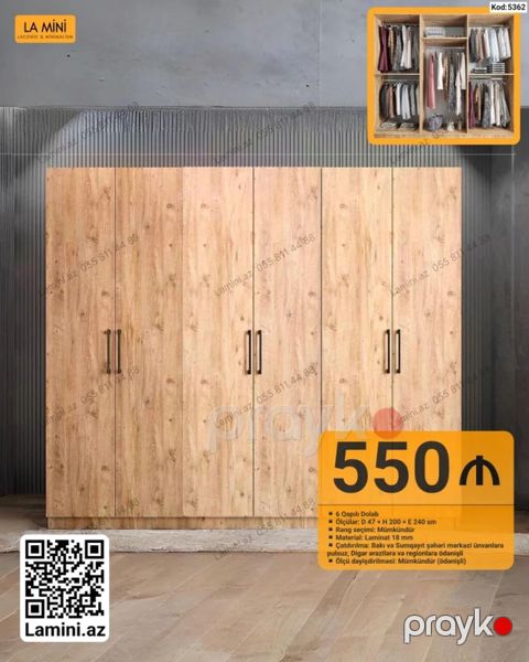 LA Mını 6 qapılı dolab - Ölçülər: D 47 H 200 E 240 sm — Bakı