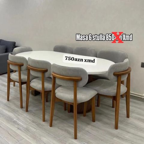 Oval yemək masası + 6 ədəd stul dəsti. Xüsusiyyətlər: - Masa: oval — Xırdalan