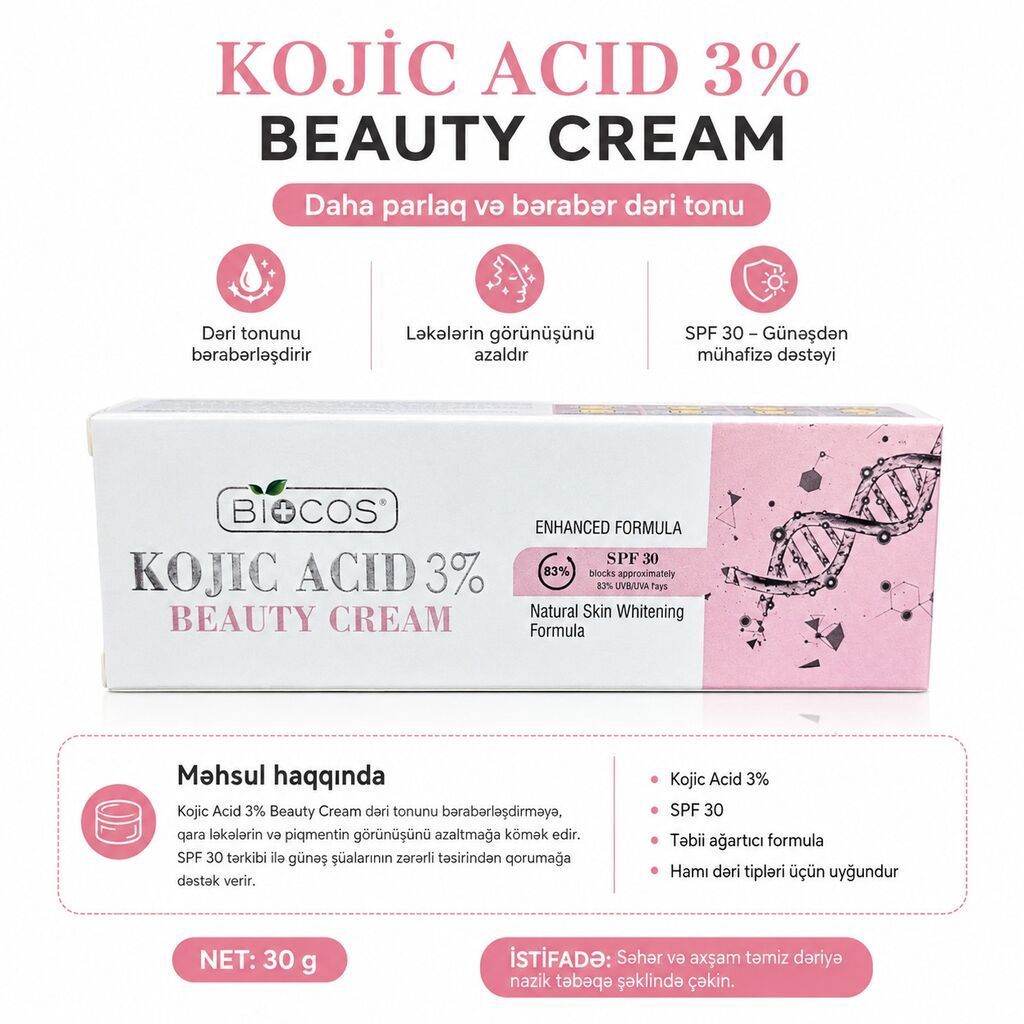 Biocos Kojic Acid 3% Brightening/Beauty Cream – gündəlik qulluq üçün — Üz qayığı, Sumqayıt (2)