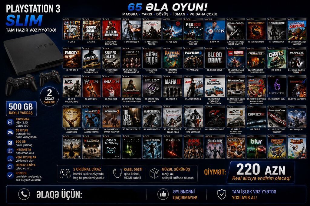 PlayStation 3 Slim oyun konsolu, tam hazır vəziyyətdə təqdim olunur