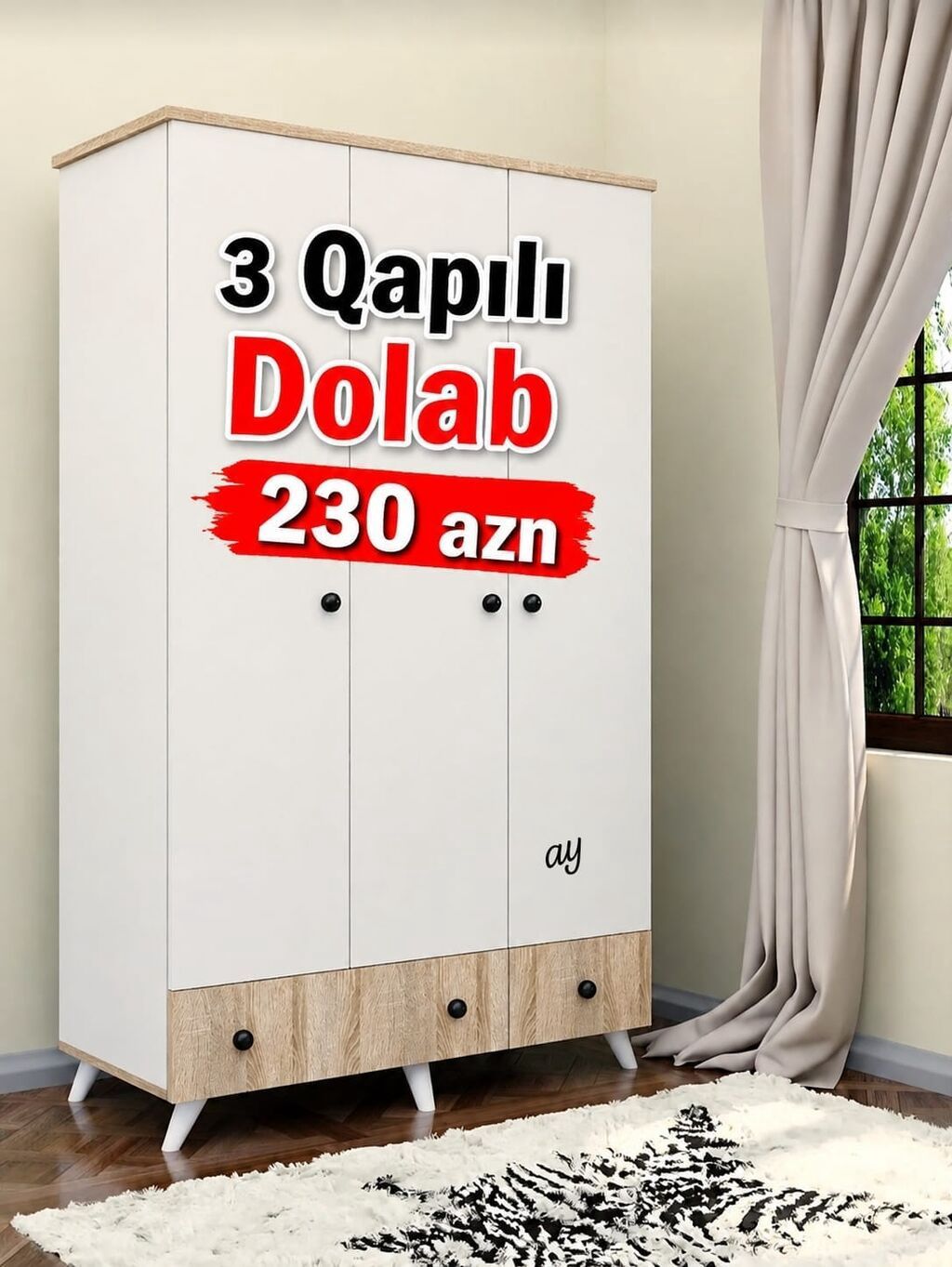3 qapılı paltar dolabı - Müasir, minimal dizayn: ağ korpus, ağac