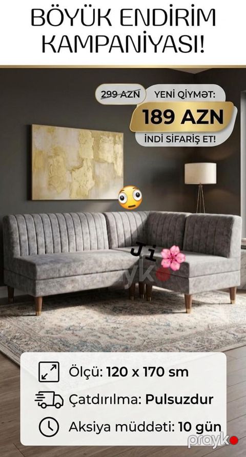 Künc divan – zərif dizaynlı, boz rəngli, şaquli tikiş detallı, taxta — Quba