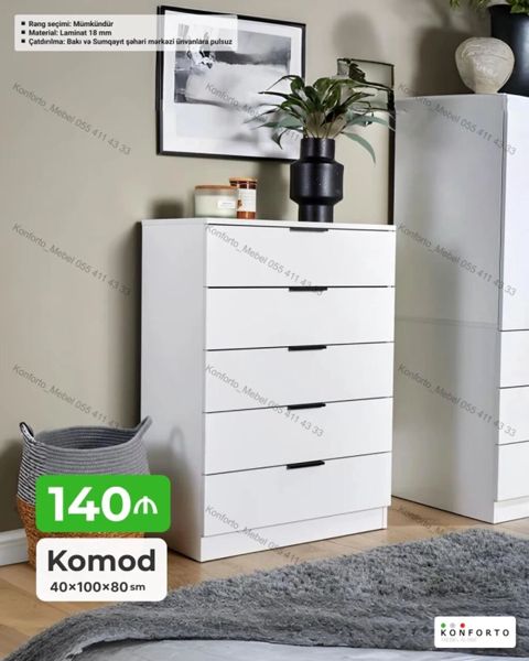 Ağ rəngli komod - Ölçü: 40 × 100 × 80 sm - Material: 18 mm laminat -