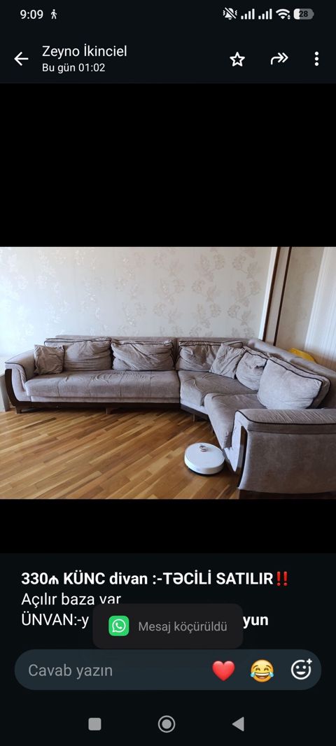 *330₼ KÜNC divan :-TƏCİLİ SATILIR*‼️ Açılır baza var ÜNVAN:-y yasamal