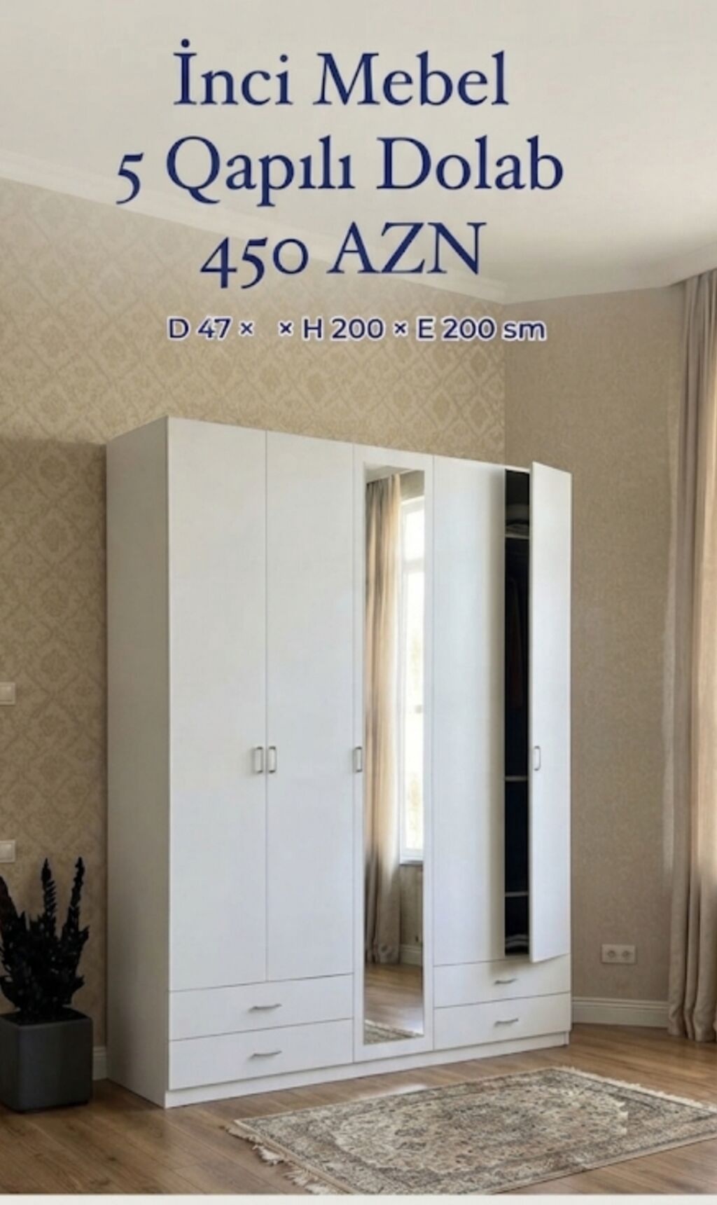 Yeni, 5 qapı, Güzgülü, Ağ, Açılan, Düz dolab