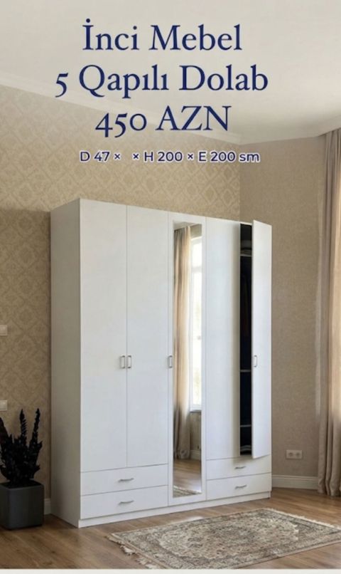Yeni, 5 qapı, Güzgülü, Ağ, Açılan, Düz dolab — İnci mebel — Şkaflar