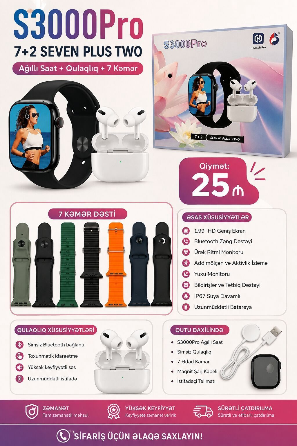 S3000Pro 7+2 Seven Plus Two dəsti – Ağıllı saat + Simsiz qulaqlıq + 7