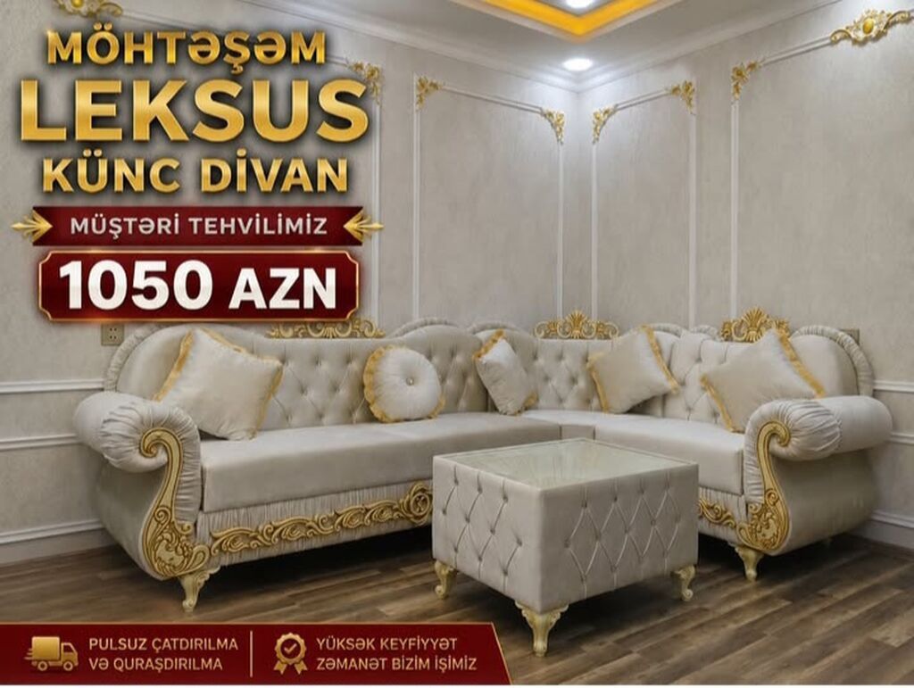 Möhtəşəm Leksus künc divan – krem rəngli, qızılı dekorlu