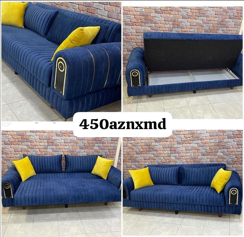 Mavi rəngli, qatlana bilən funksional divan. - Material: yumşaq