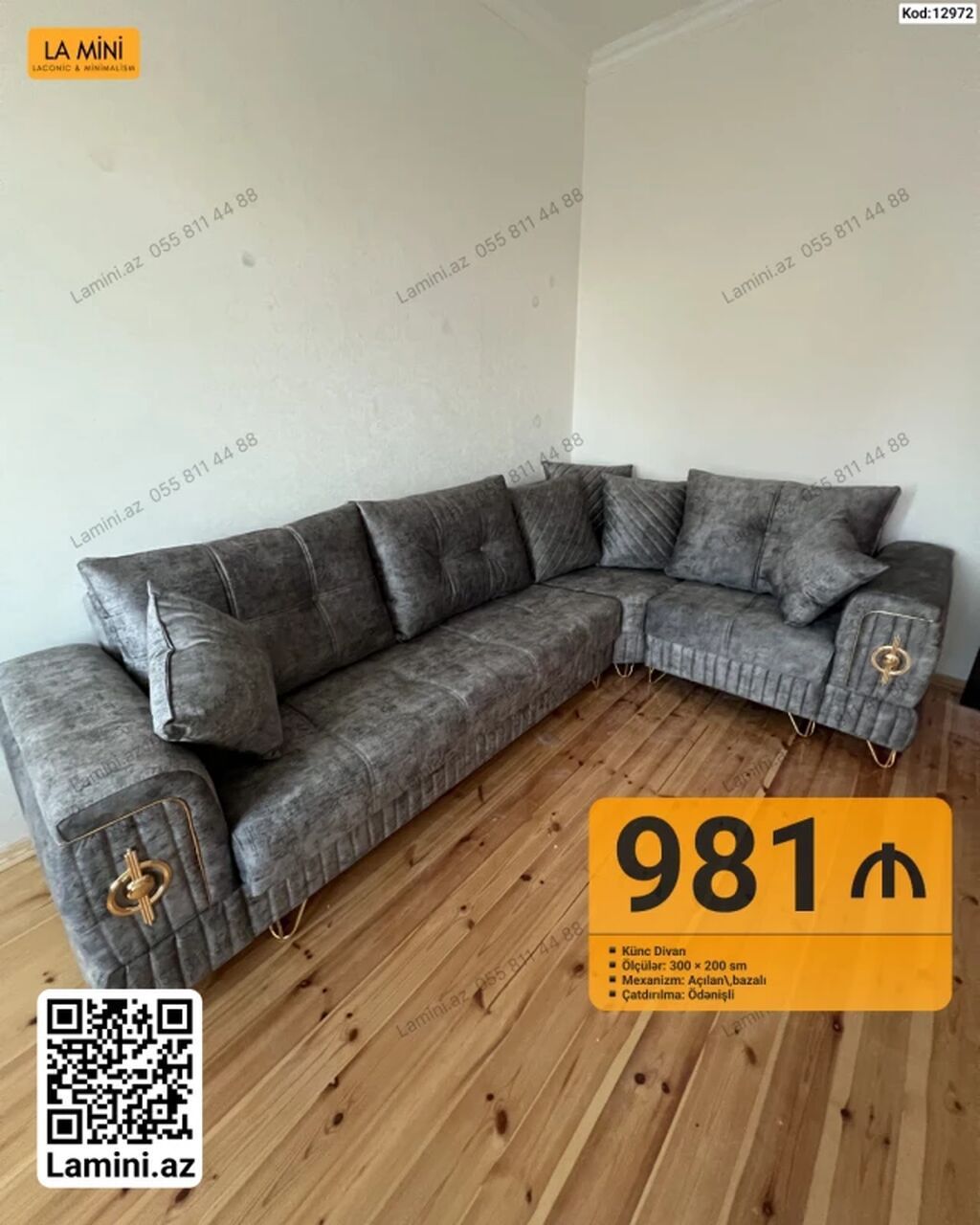 Künc divan – lamini.az model - Ölçülər: 300 × 200 sm - Mexanizm — Mebel, Bakı