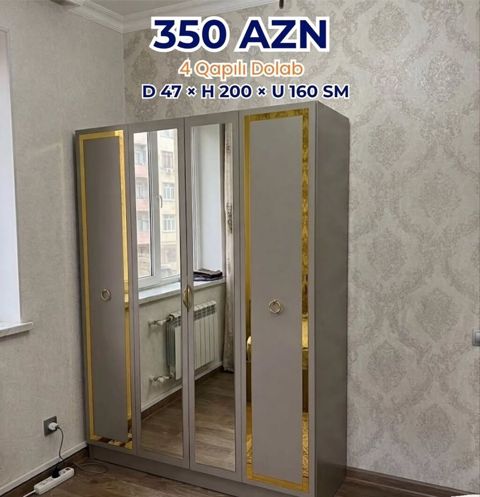 Yeni, 4 qapılı, Güzgülü, Boz, Açılan, Düz dolab — İnci mebel — Şkaflar