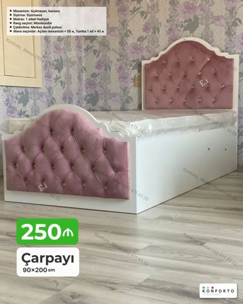 Çarpayı – 90×200 sm - Karkas: ağ rəngli korpus, başlıq və ayaq