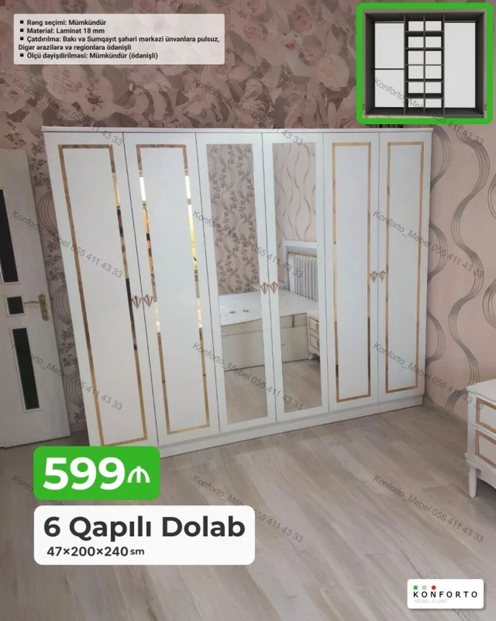 6 qapılı paltar dolabı Ölçü: 47×200×240 sm Material: 18 mm laminat