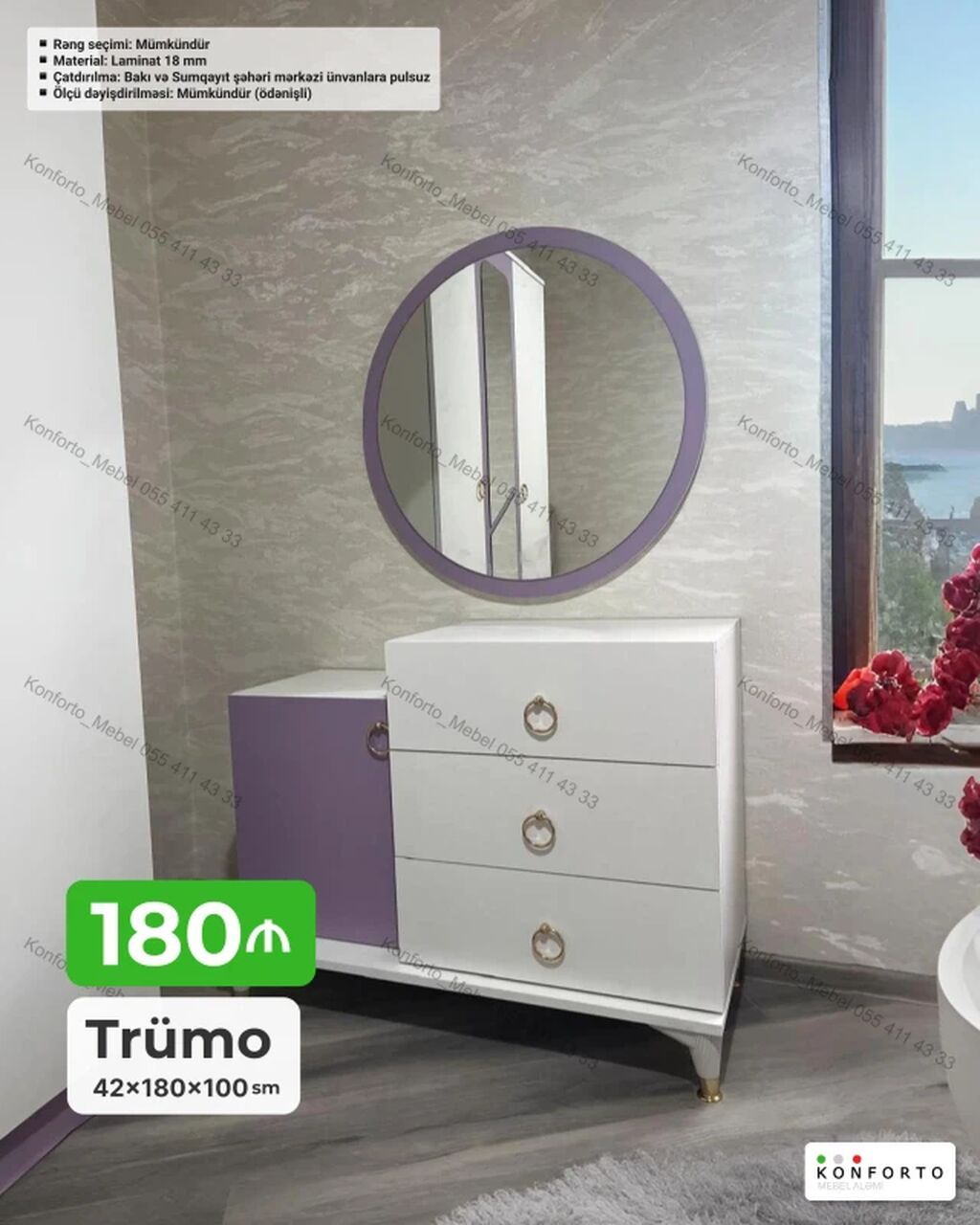 Trümo – 42×180×100 sm - Dəst: dairəvi güzgü və çekmecəli konsol - — Mebel, Bakı