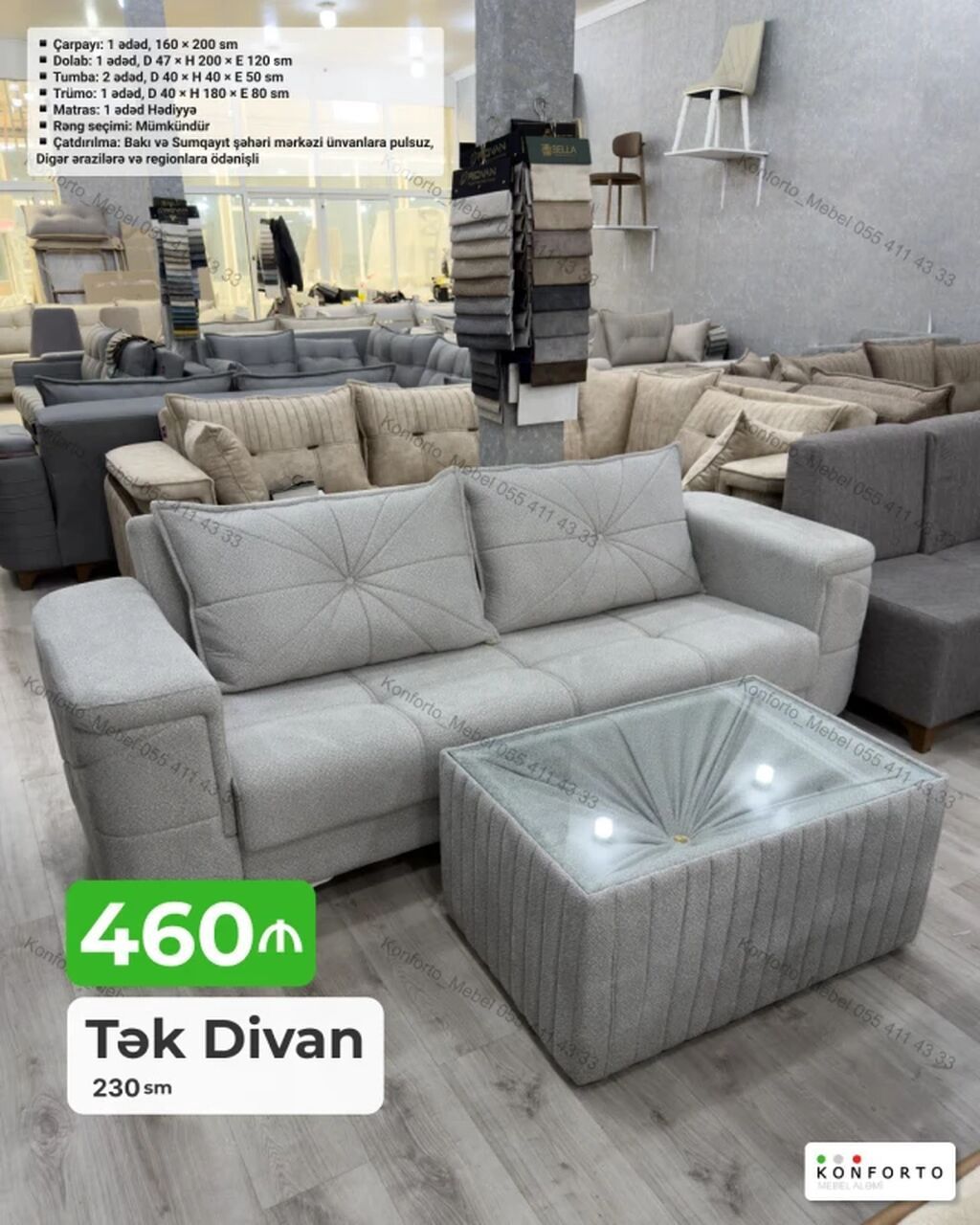 Tək Divan – 230 sm - Rəng: Açıq boz, dekorativ tikişli yastıqlar - — Mebel, Bakı