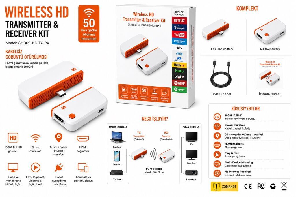Wireless HD Transmitter & Receiver Kit (Model: CHD09-HD-TX-RX) — TV və Video, Bakı (2)