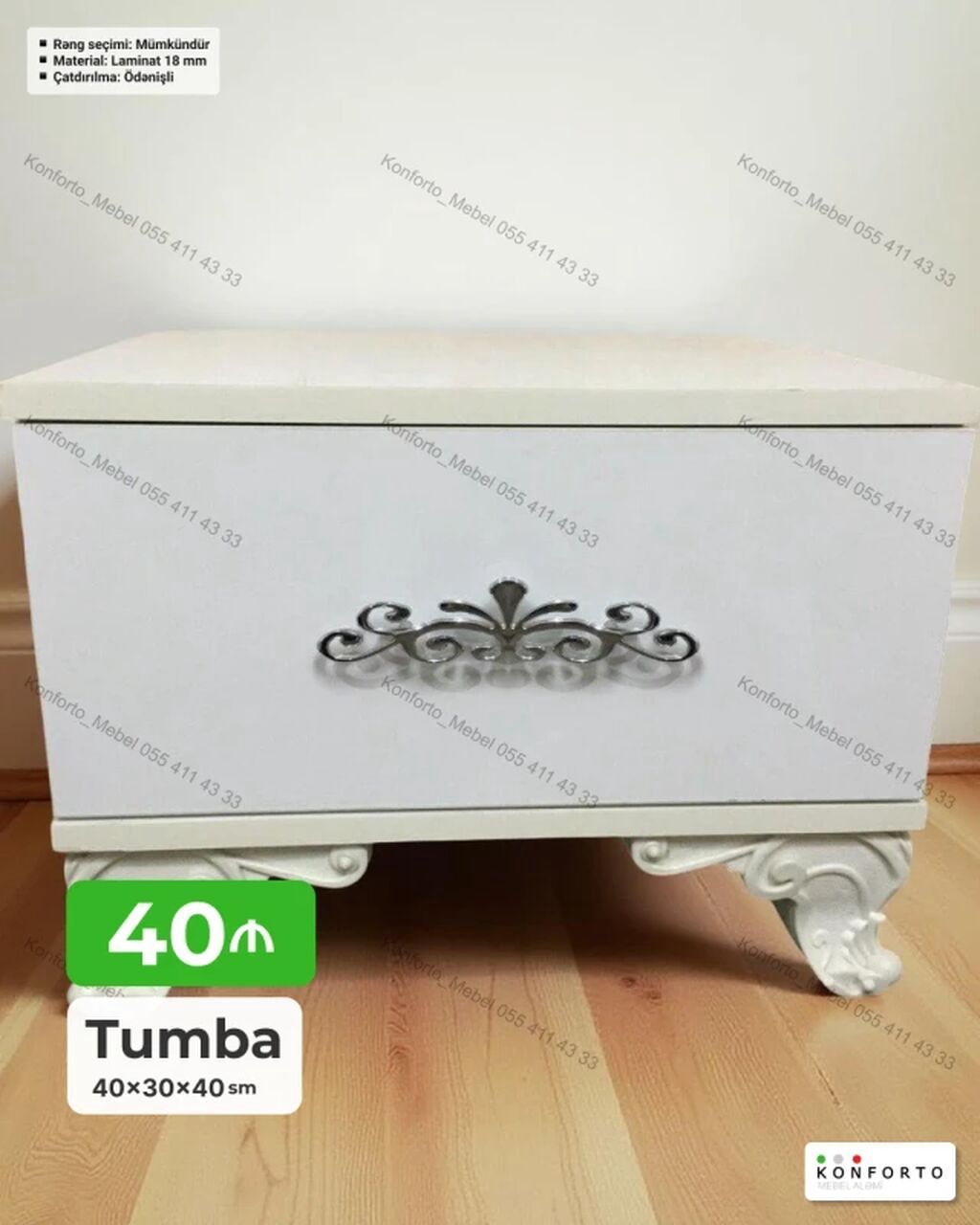 Tumba – 40×30×40 sm - Klassik dizaynlı, oyma dekorlu ön panel və