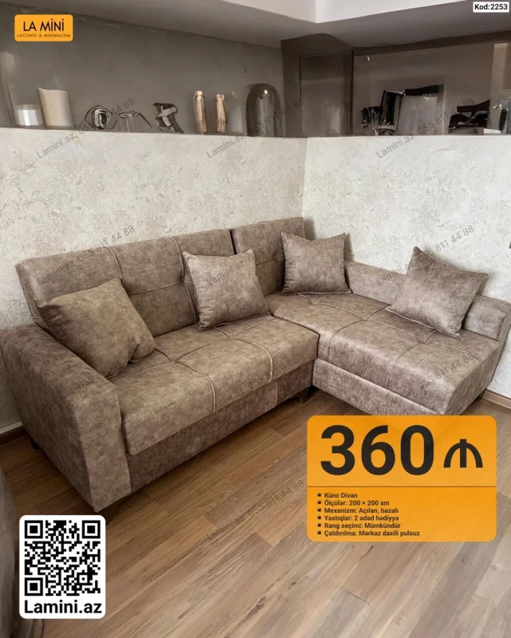 Künc divan – Kod: 2253 - Ölçülər: 200 × 200 sm - Mexanizm: açılan — Mebel, Bakı