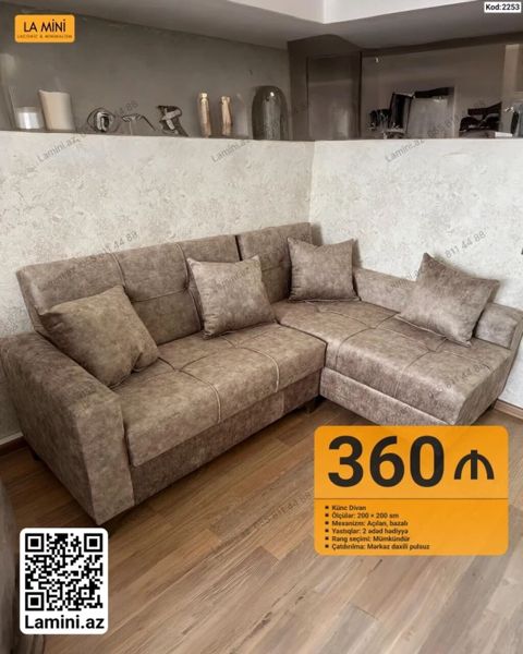Künc divan – Kod: 2253 - Ölçülər: 200 × 200 sm - Mexanizm: açılan