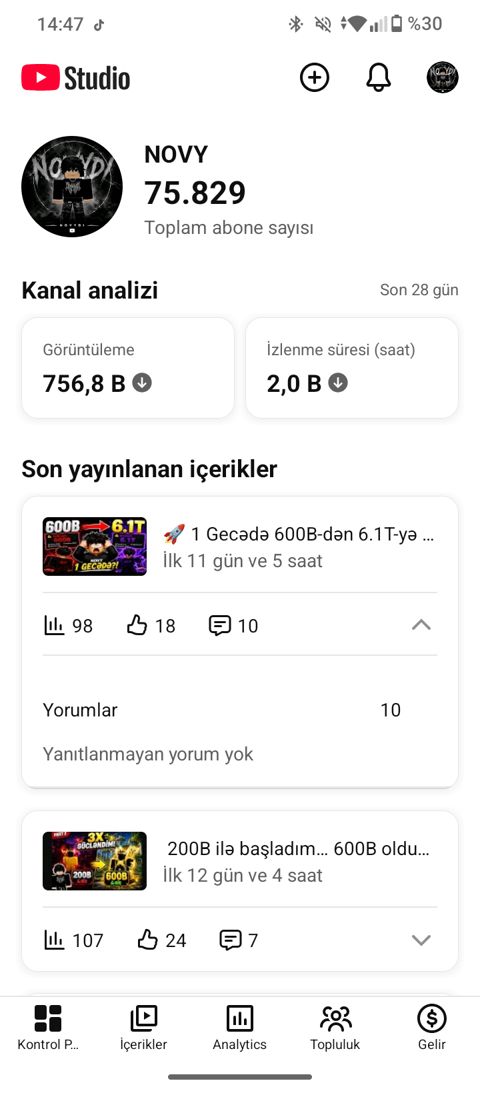 75.829 Abunəçili YouTube Roblox Kanalı Satılır