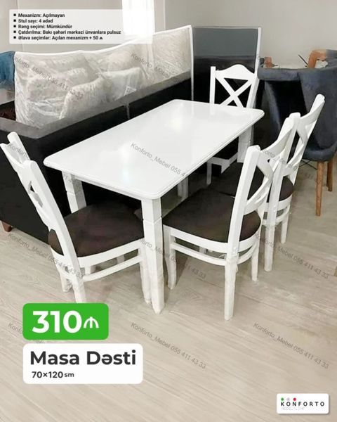 Masa Dəsti – 70×120 sm - Mexanizm: Açılmayan - Stul sayı: 4 ədəd — Konforto Mebel — Yumşaq mebel dəstləri