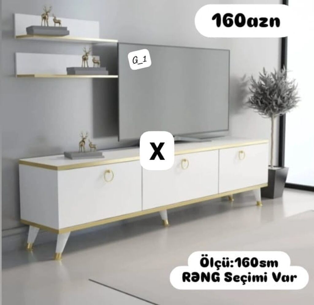 Ağ-qızılı dizaynda TV stendi və divar rəfləri dəsti. - Material — Mebel, Bakı