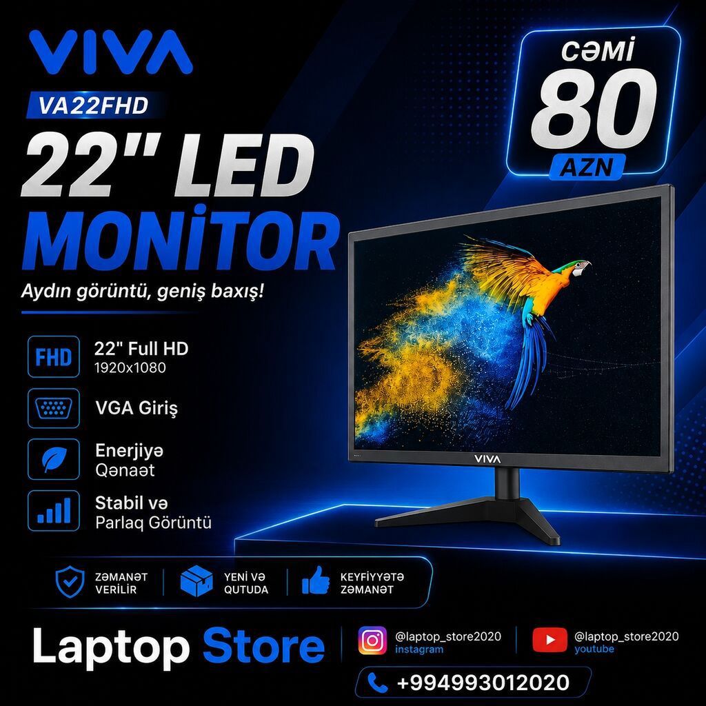 🖥️ VIVA VA22FHD — 22" LED MONİTOR 🔥 Cəmi 80 AZN! ✅ 22" Full HD ✅ — Elektronika, Bakı