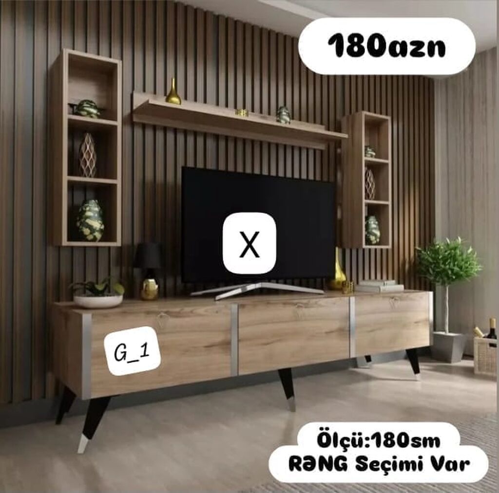 TV stendi və divar rəf dəsti - Ümumi ölçü: 180 sm - Rəng seçimi var - — Mebel, Bakı