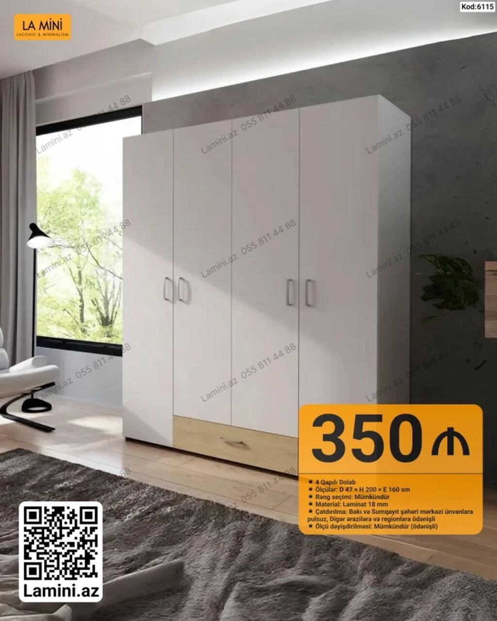 4 qapılı paltar dolabı - Ölçü: D 47 × H 200 × E 160 sm - Rəng seçimi