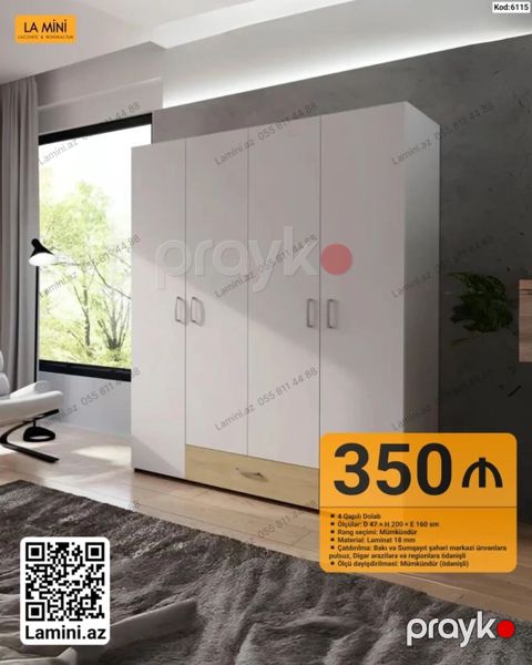 4 qapılı paltar dolabı - Ölçülər: D 47 H 200 E 160 sm - Rəng — Bakı