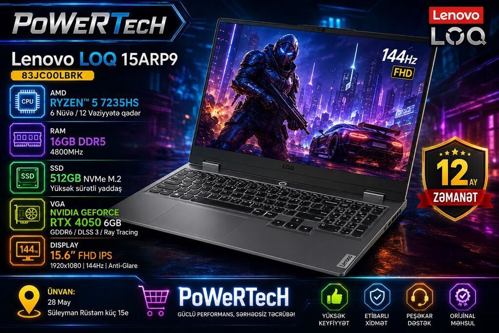 Yeni Lenovo LOQ, 15.6 ", AMD Ryzen 5, 512 GB, Ünvandan götürmə, Pulsuz çatdırılma, Ödənişli çatdırılma