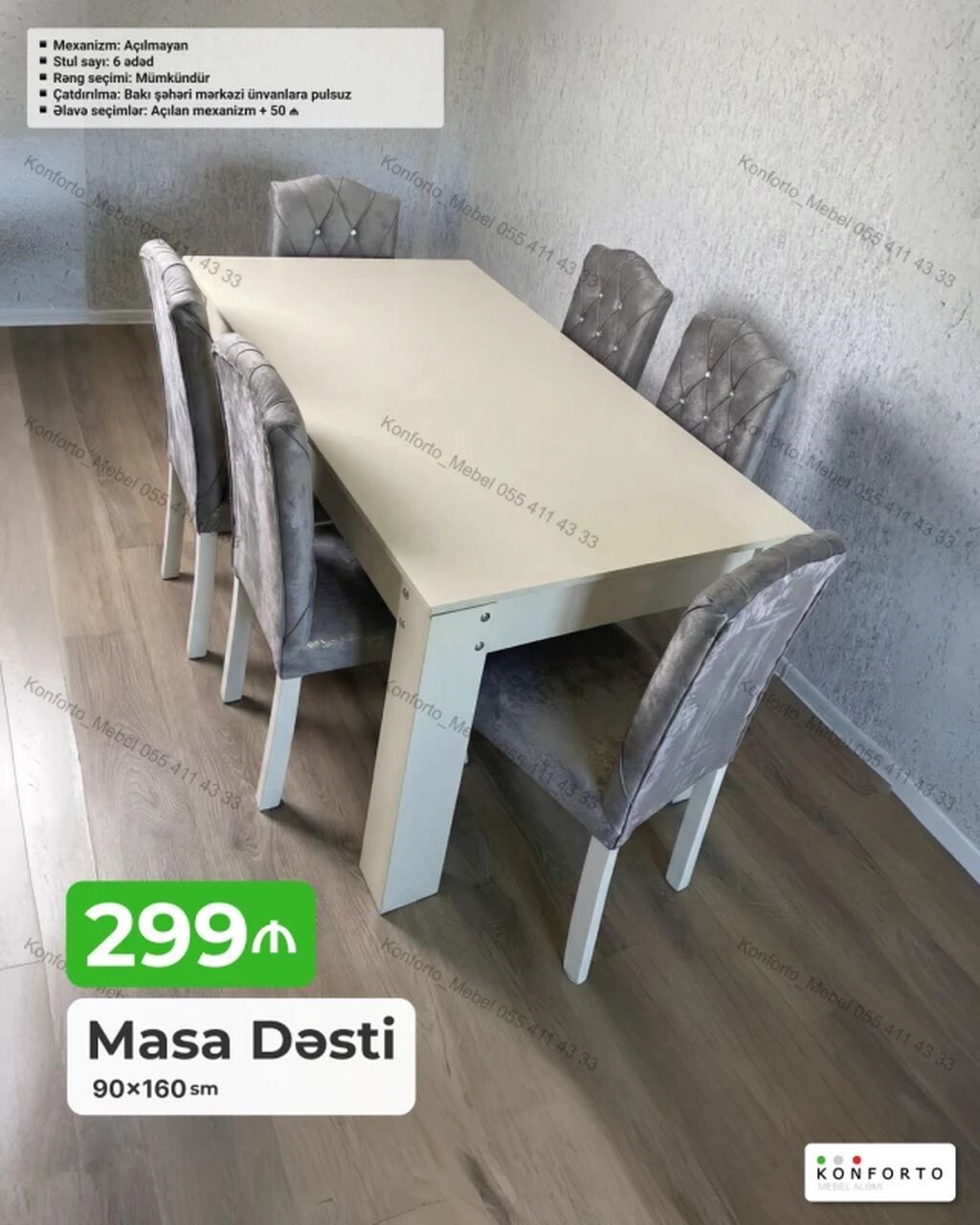 Masa dəsti – 90×160 sm - Masa ölçüsü: 90×160 sm - Mexanizm: Açılmayan
