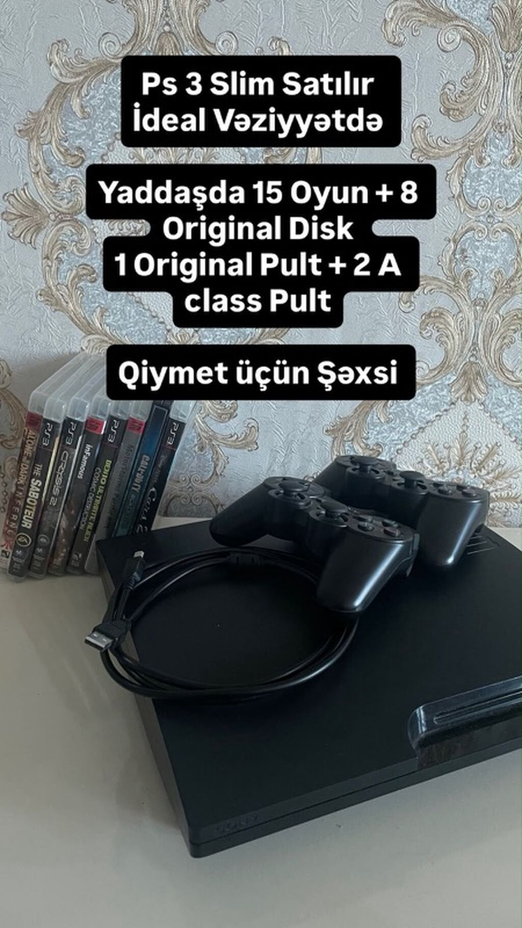PS3 Slim oyun konsolu, 15 oyun + 8 disk + 3 pult