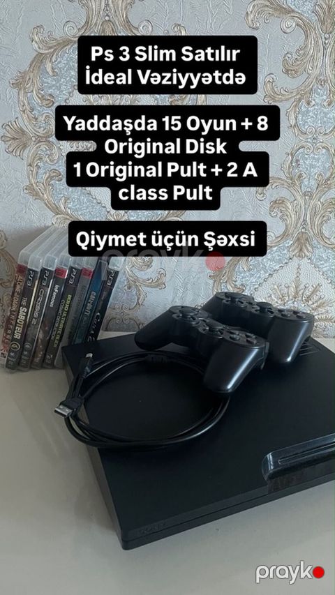 PS3 Slim oyun konsolu, 15 oyun + 8 disk + 3 pult