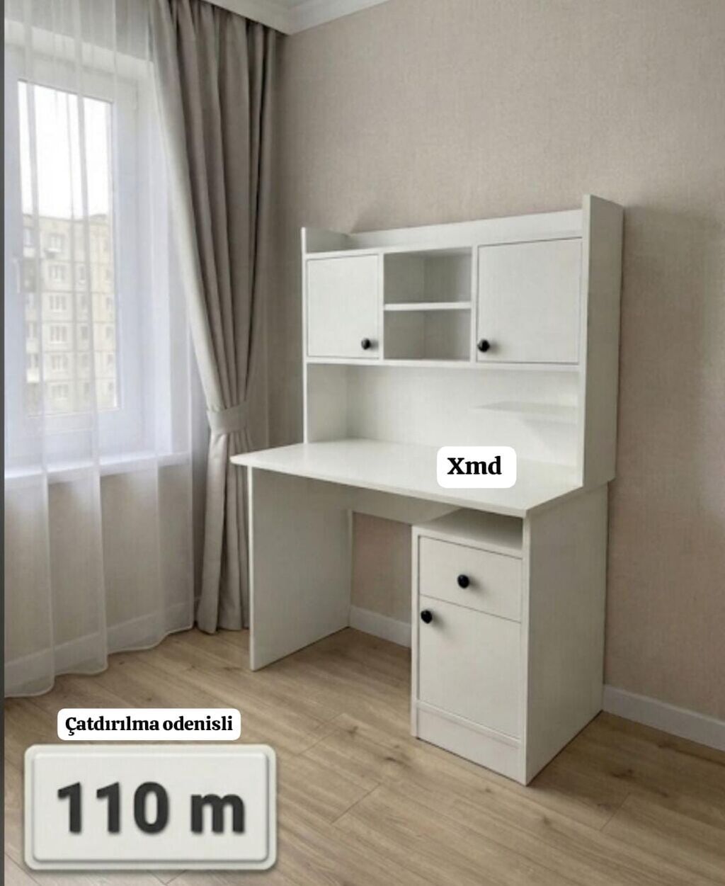 Ağ rəngli yazı/kompüter masası – üst şkaflı model - Geniş iş səthi