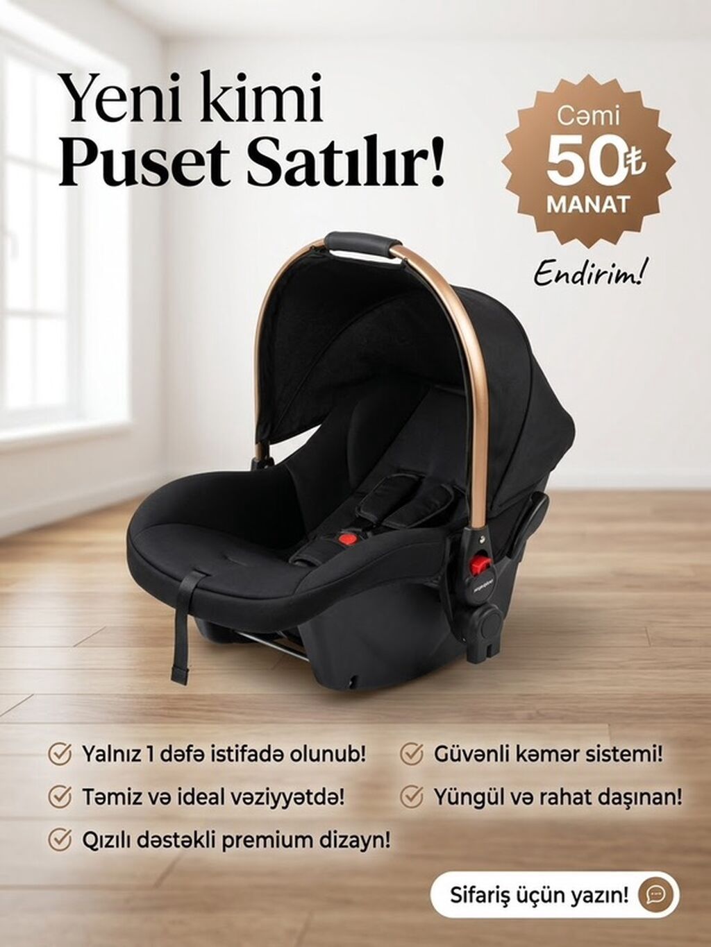 Uşaq avtomobil oturacağı (puset) - Rəng: qara - Daşıma qulpu: qızılı