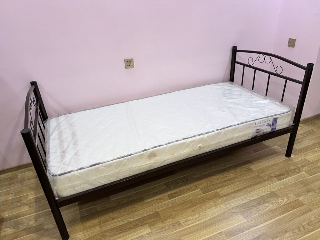 Metal çərçivəli tək nəfərlik çarpayı + döşək dəsti 90×200 sm — Yataqlar, Bakı (4)