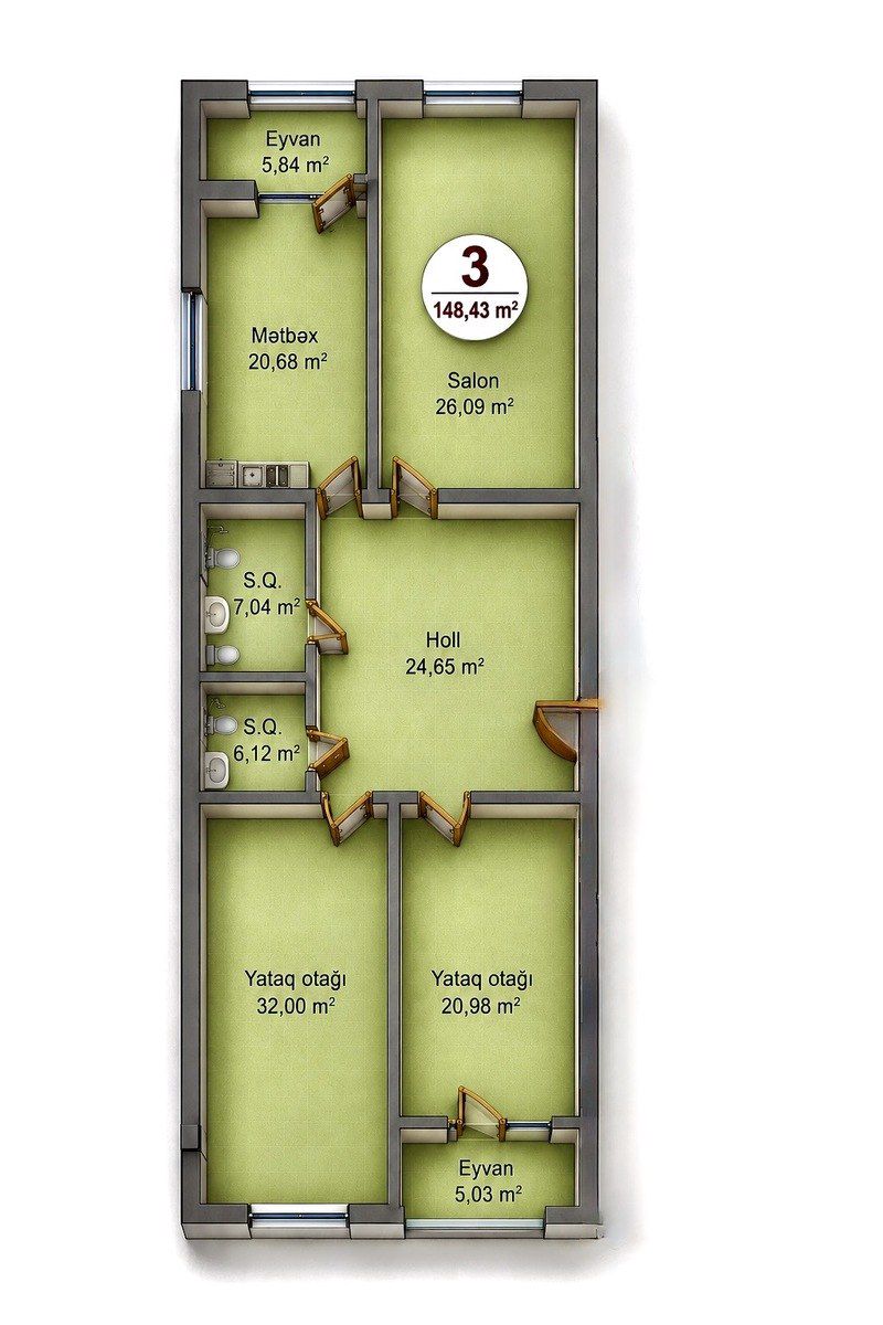 Satılır 3 otaqlı yeni tikili 149 m² — Mənzil, Bakı (3)