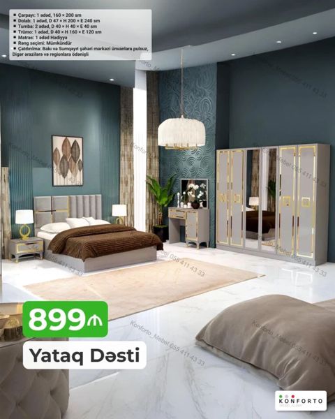 Yataq Dəsti – müasir dizayn, boz-qızılı tonlarda Dəst tərkibi və — Konforto Mebel — Bedroom furniture sets