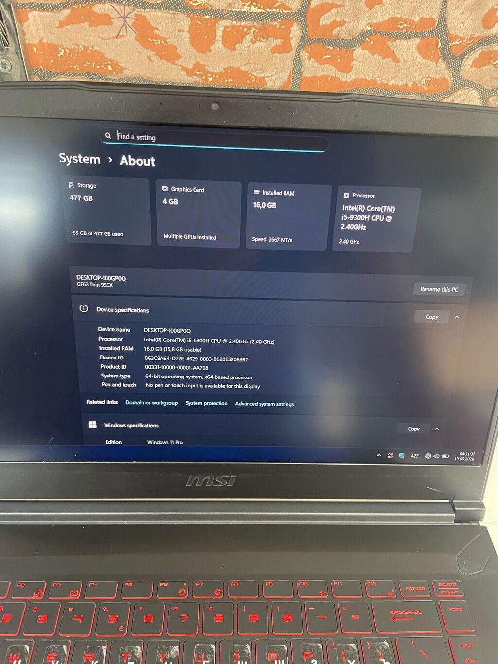 MSI GF63 Thin 9SCX oyun noutbuku - Ekran: 15.6" FHD (1920x1080) — MSI, Saray (4)