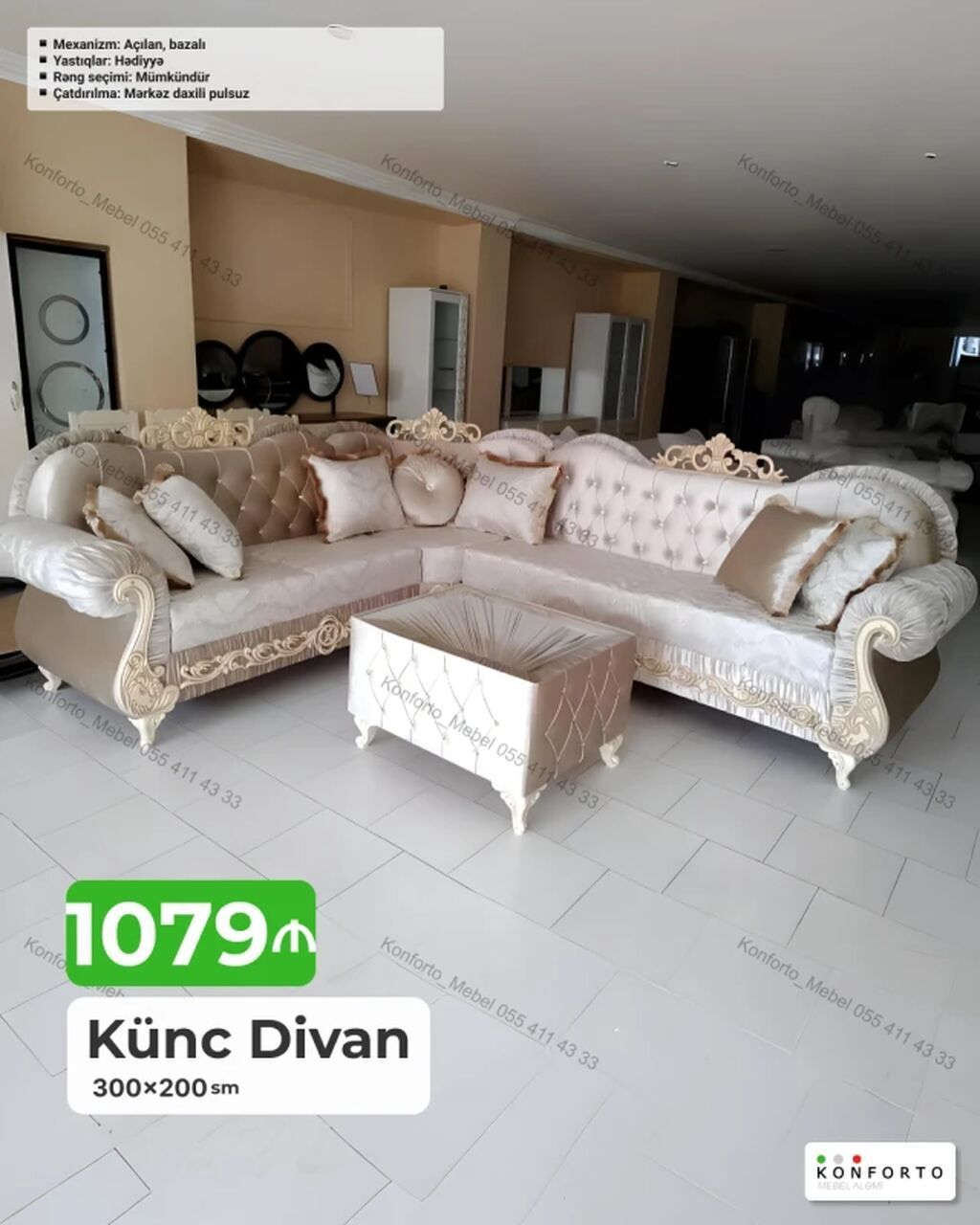 Künc Divan – 300×200 sm • Klassik dizaynlı, oyma dekorlu və kapitone — Mebel, Bakı