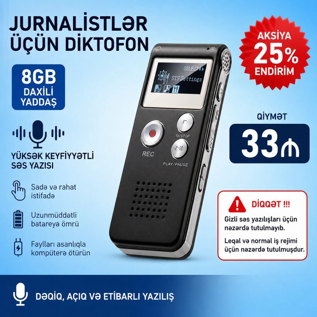 Diktofon. 8gb daxili yaddaşı var. Orjinal maldır.Rusiyadan — Elektronika, Lənkəran